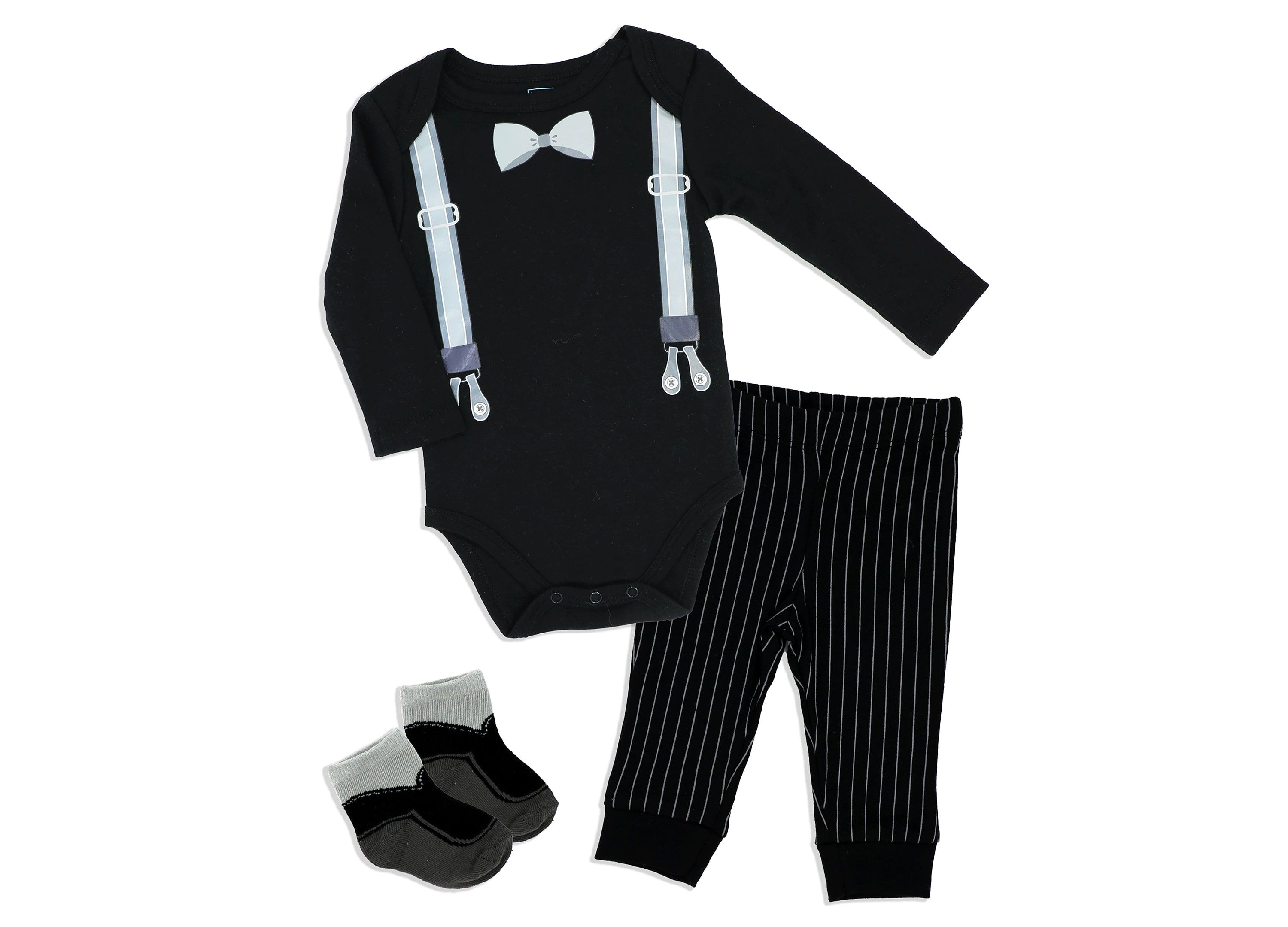 Baby Boys 3 Piece Suspender Bodysuit, Pants and Socks Set