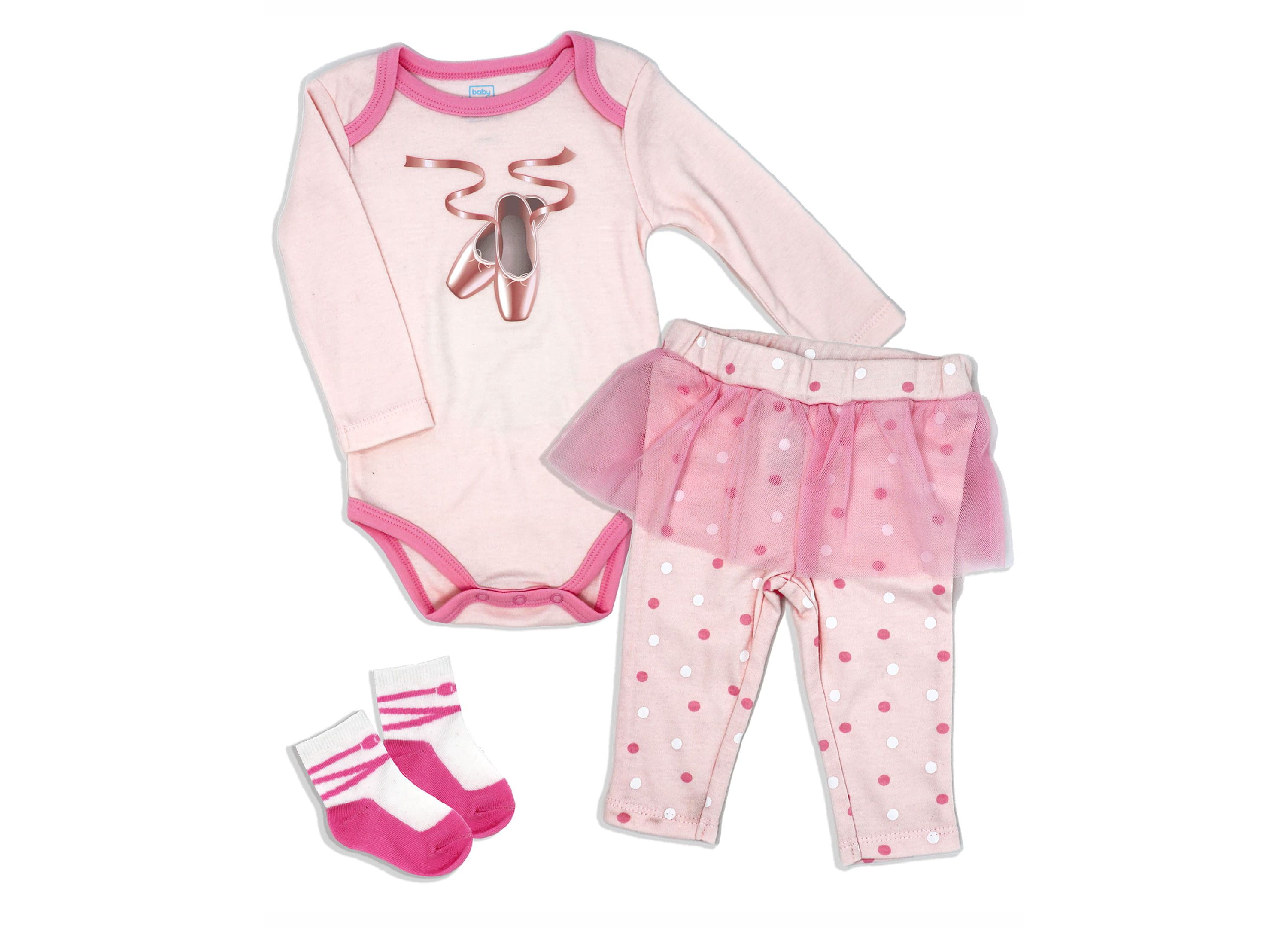 Baby Girls 3 Piece Ballet Bodysuit, Pants and Socks Set