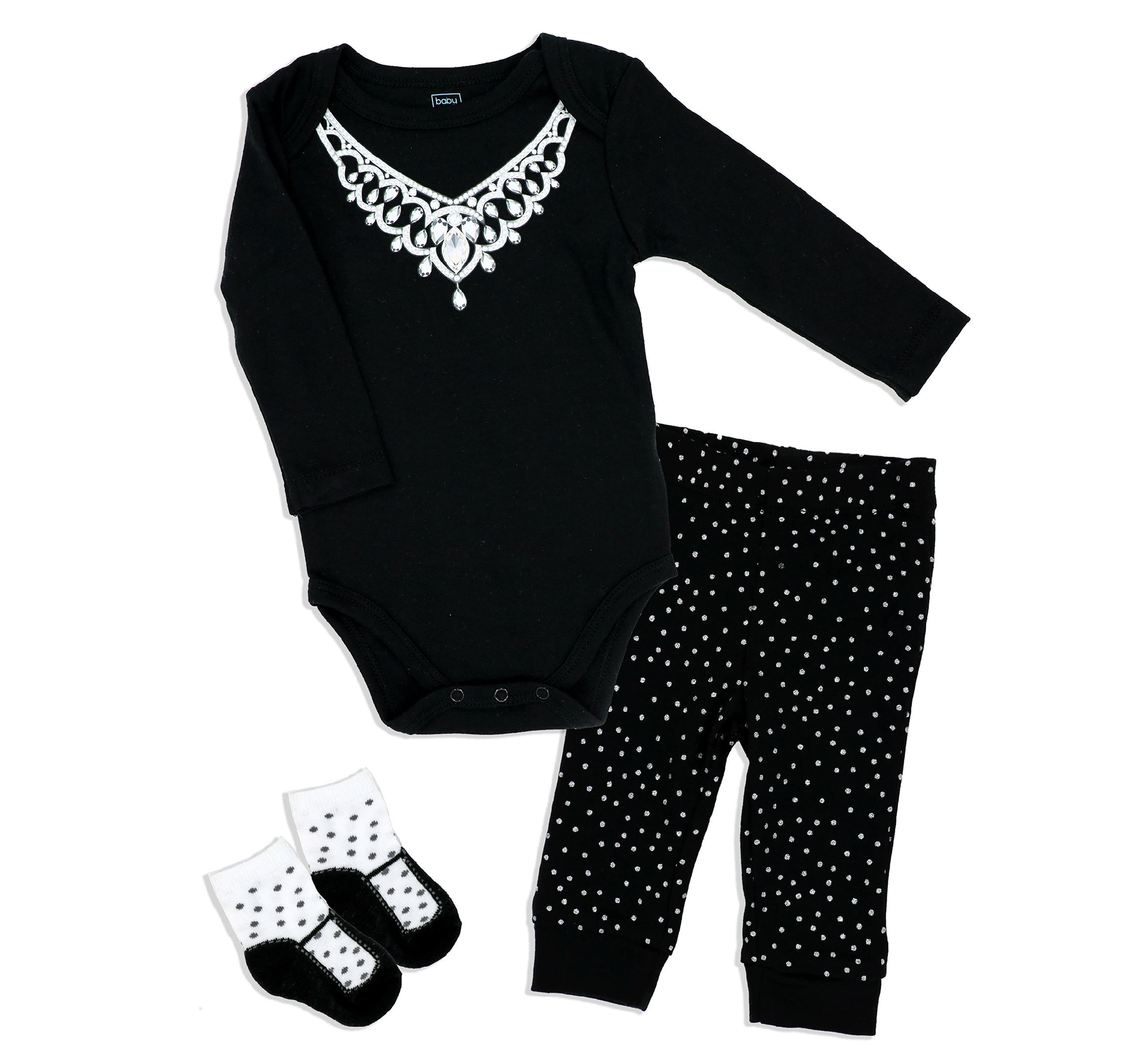 Baby Girls 3 Piece Diamond Necklace Bodysuit, Pants and Socks Set