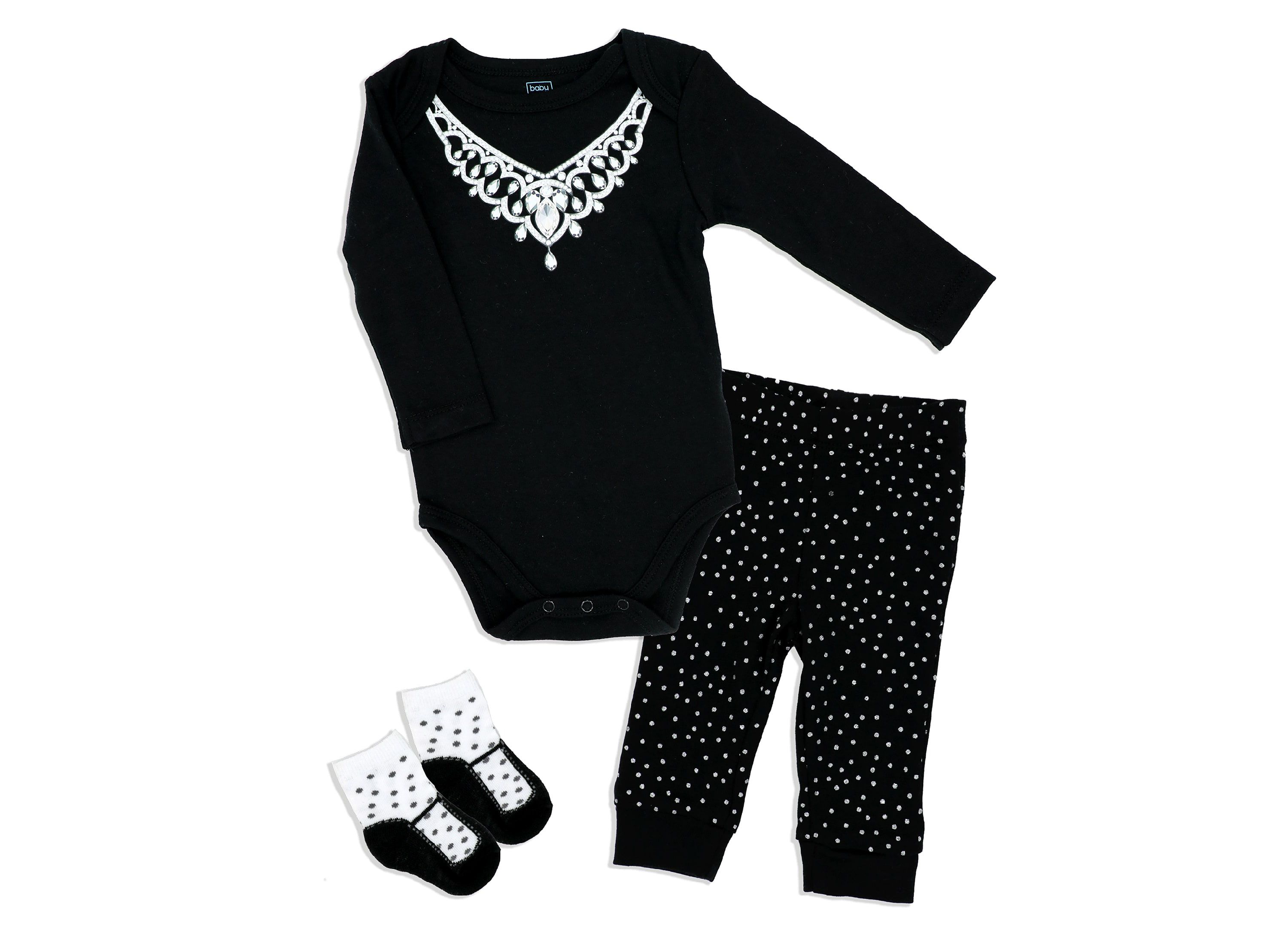 Baby Girls 3 Piece Diamond Necklace Bodysuit, Pants and Socks Set