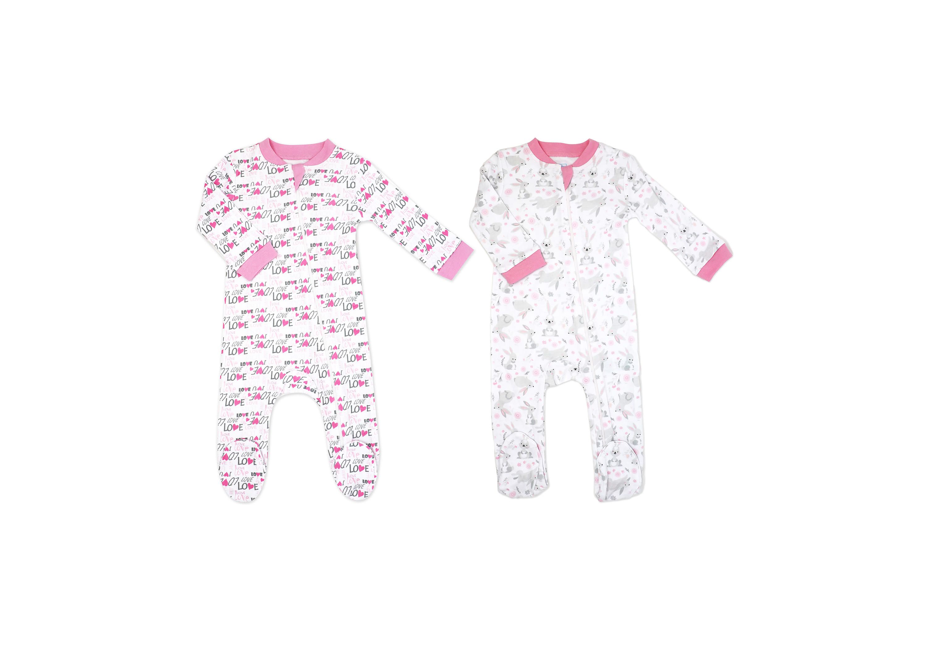 Baby Girls 2 Pack Zippered Footies, Pink Bunnies and Loved