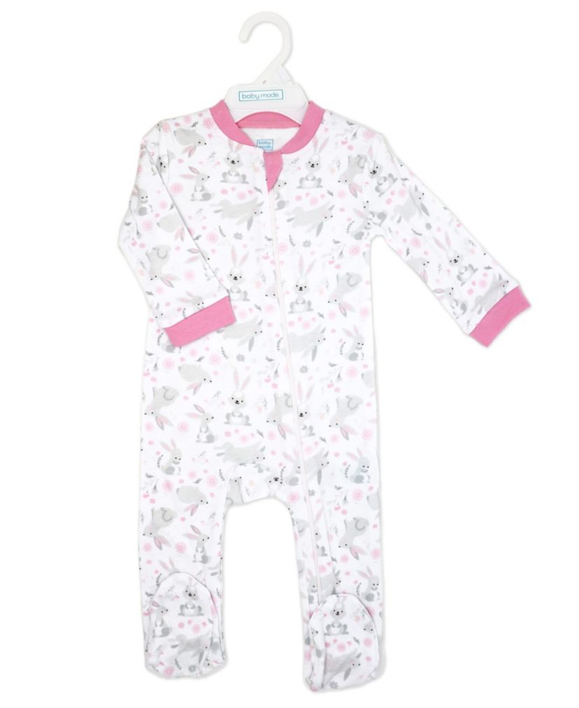 Baby Girls 2 Pack Zippered Footies, Pink Bunnies and Loved