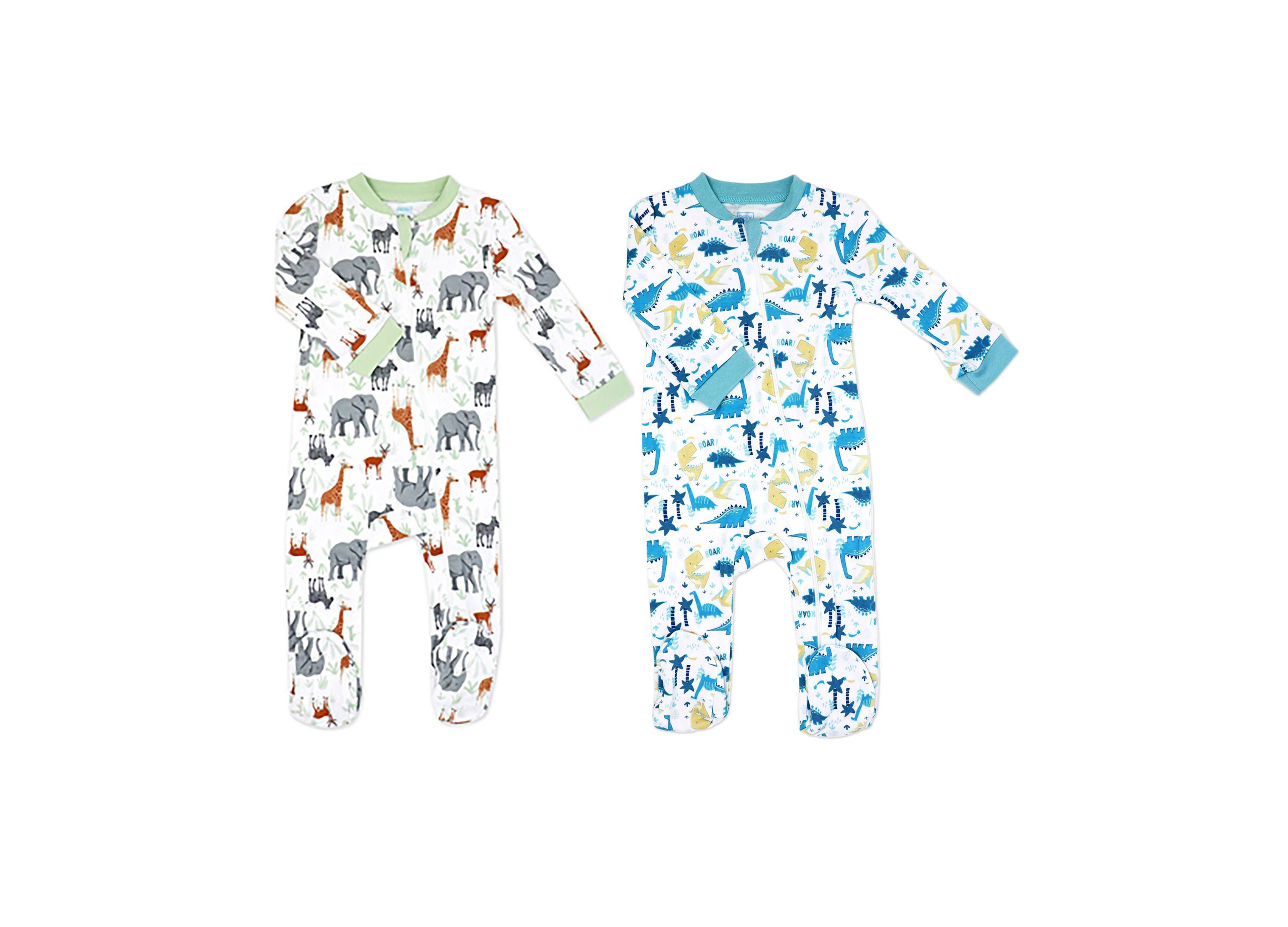 Baby Boys and Baby Girls 2 Pack Zippered Footies, Dino & Safari