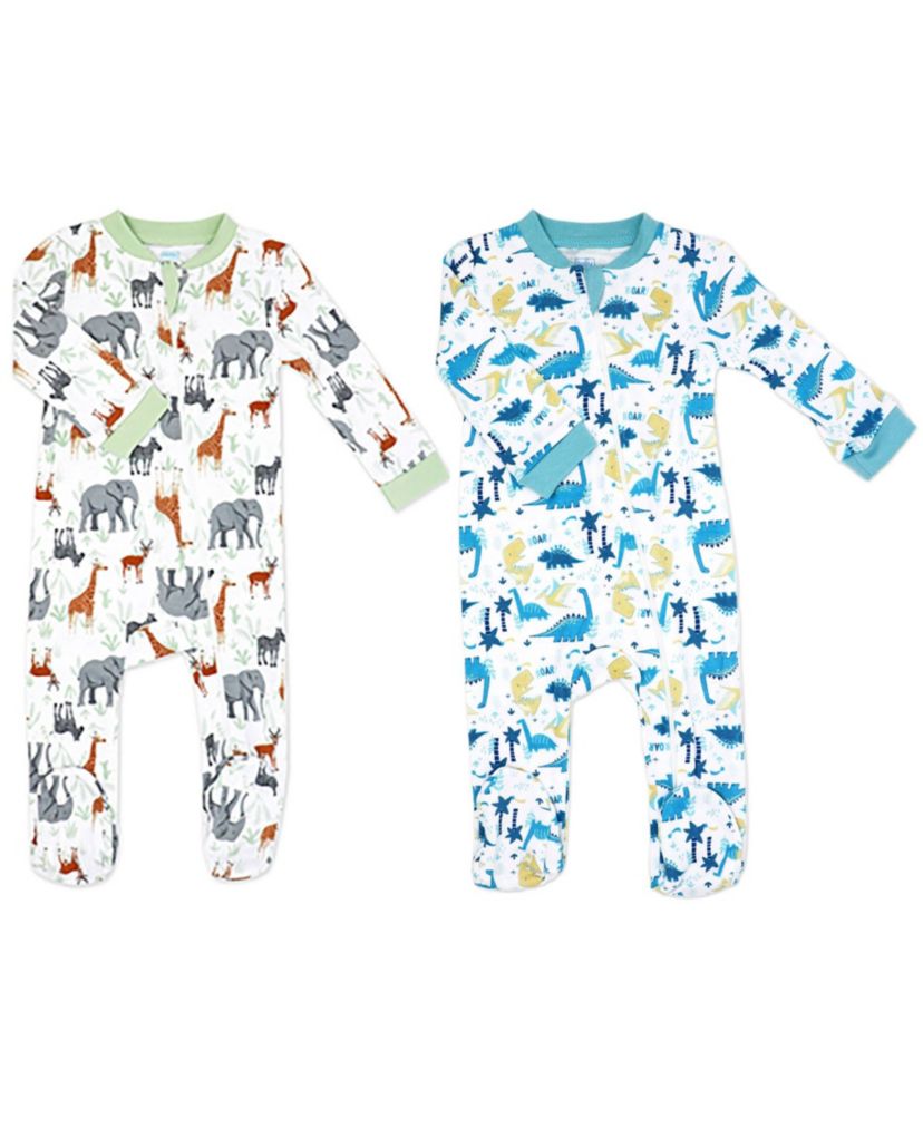 Baby Boys and Baby Girls 2 Pack Zippered Footies, Dino & Safari