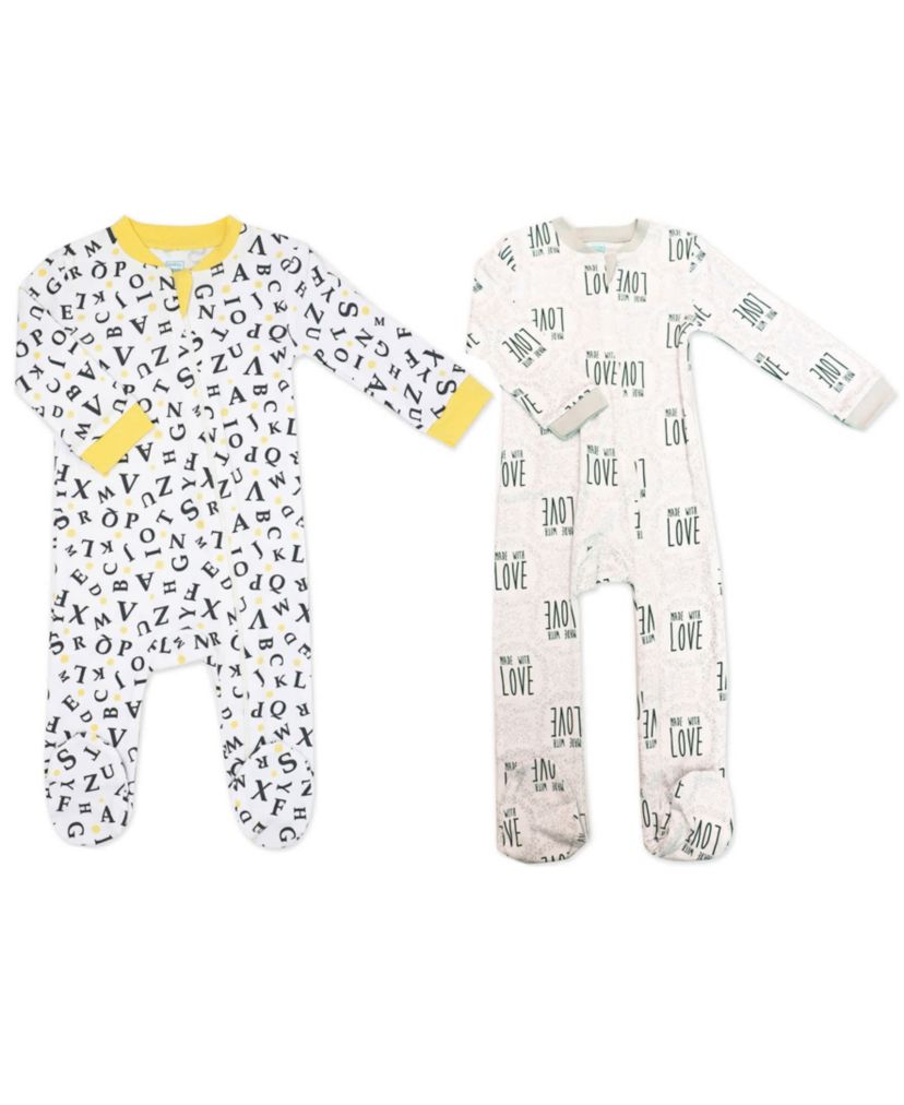 Baby Boys and Baby Girls 2 Pack Zippered Footies, ABCs and Made with Love