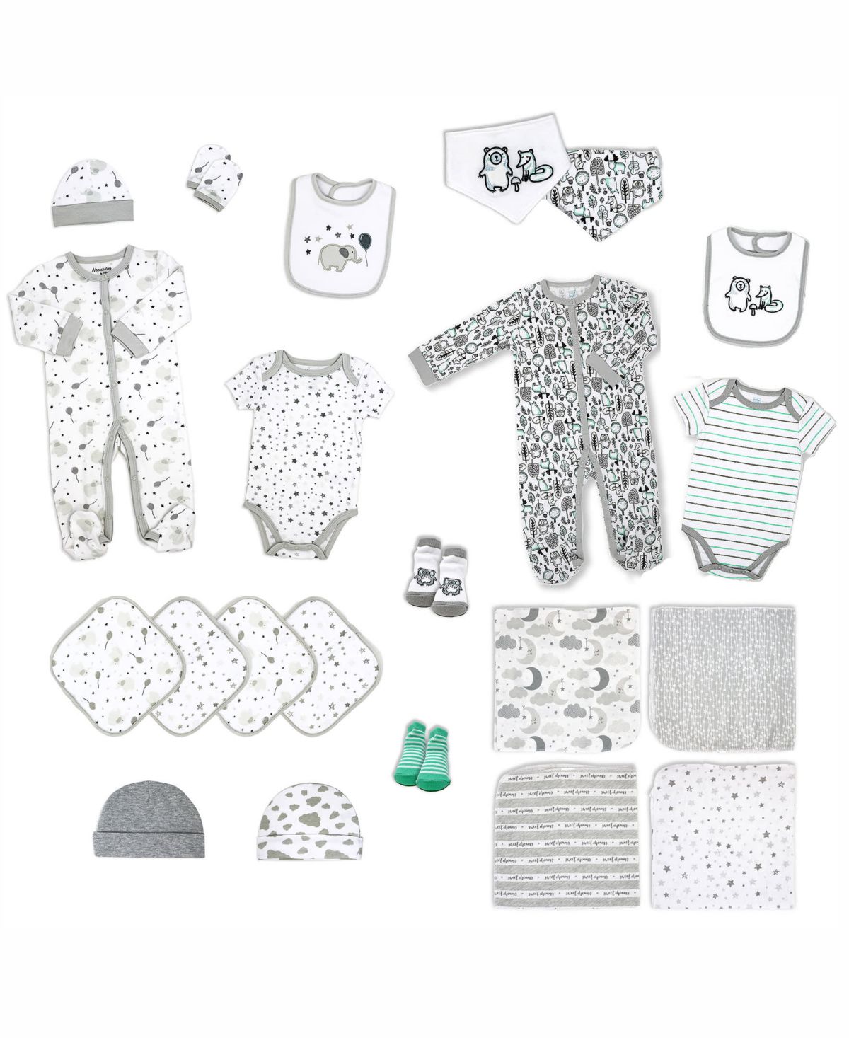 22 Piece Babys Gray Elephants and Woodland Infant Apparel Layette Gift Set
