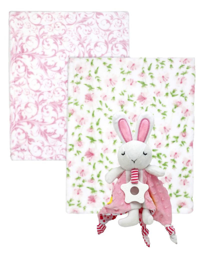 Baby Boys and Baby Girls 3 Piece Fleece Blanket and Taggy Toy Gift Assortment