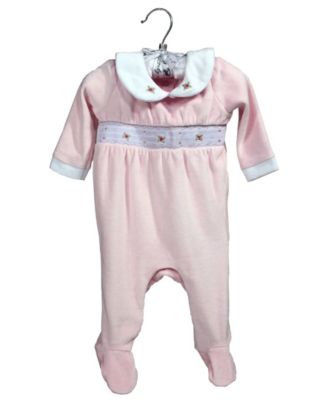 Baby Mode Baby Girls Luxury Smocked Velour Footed 1 Piece Coverall, Pink Rose