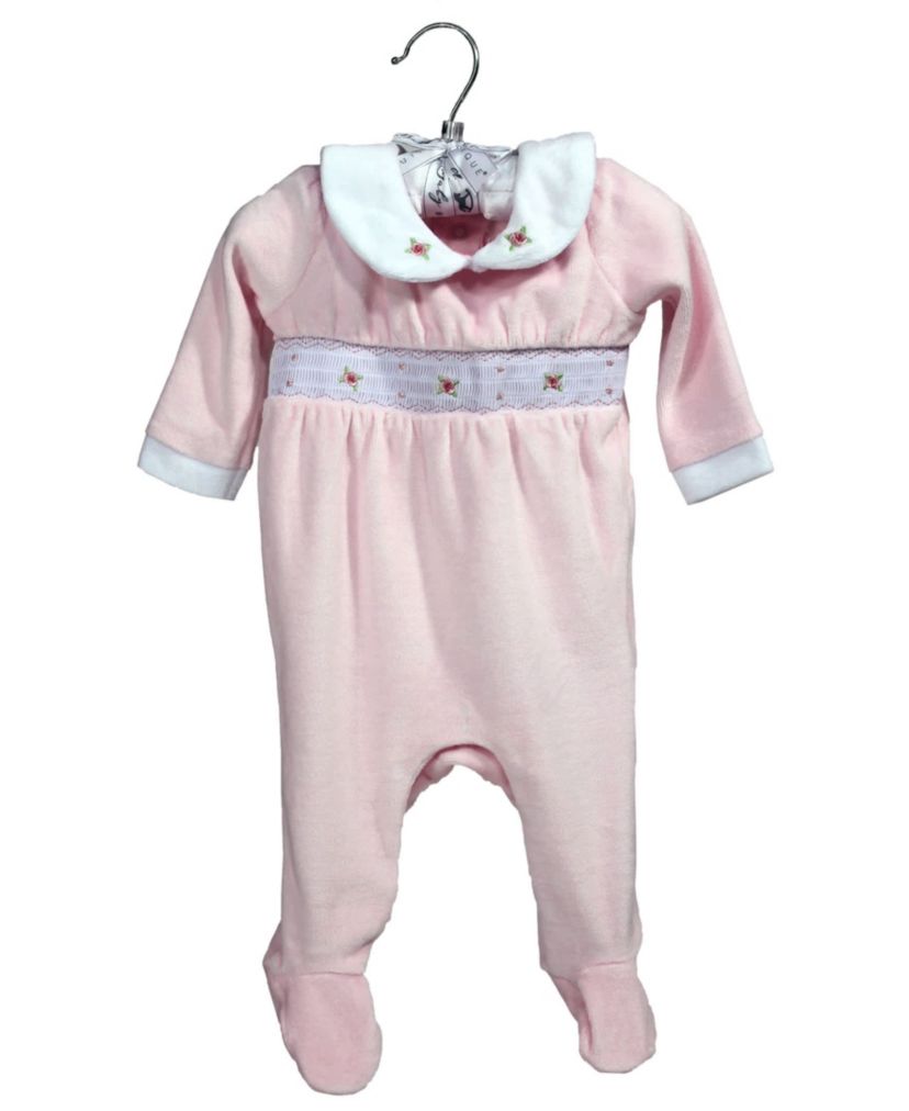 Baby Girls Luxury Smocked Velour Footed 1 Piece Coverall, Pink Rose