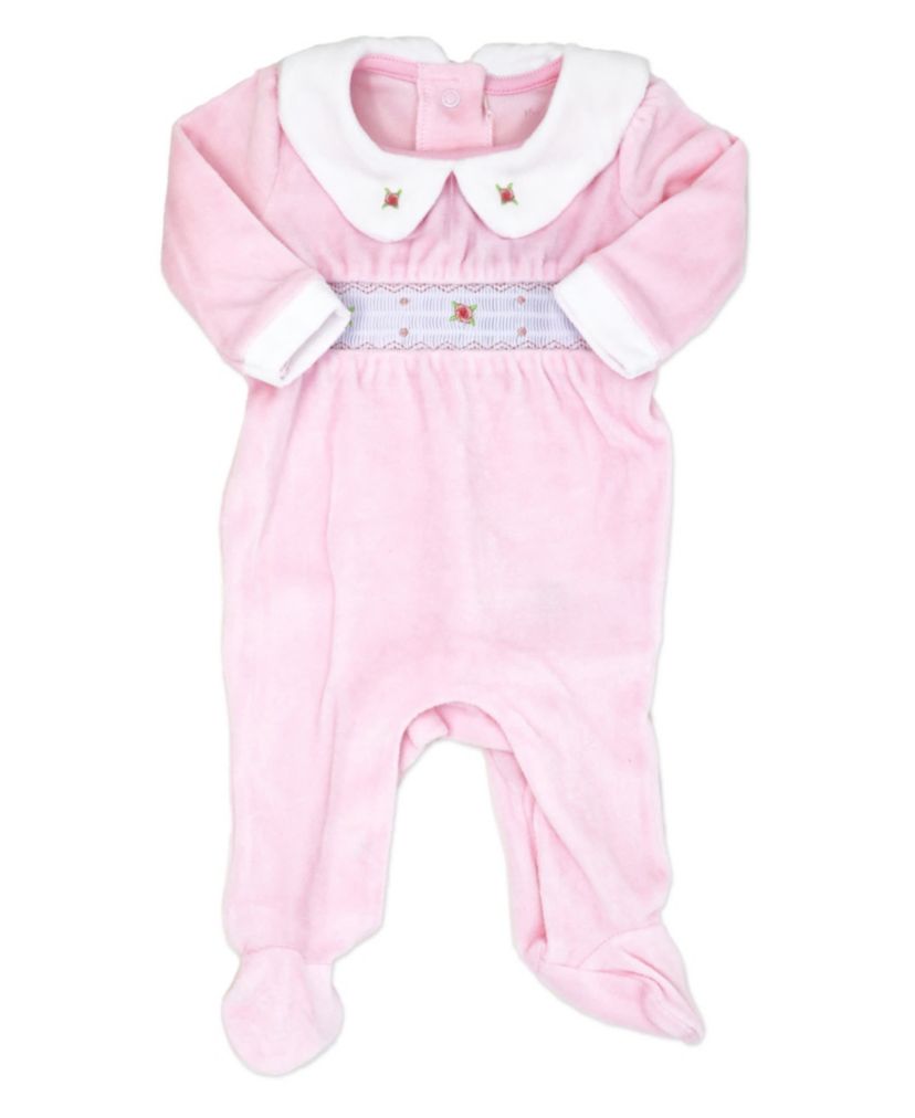 Baby Girls Luxury Smocked Velour Footed 1 Piece Coverall, Pink Rose