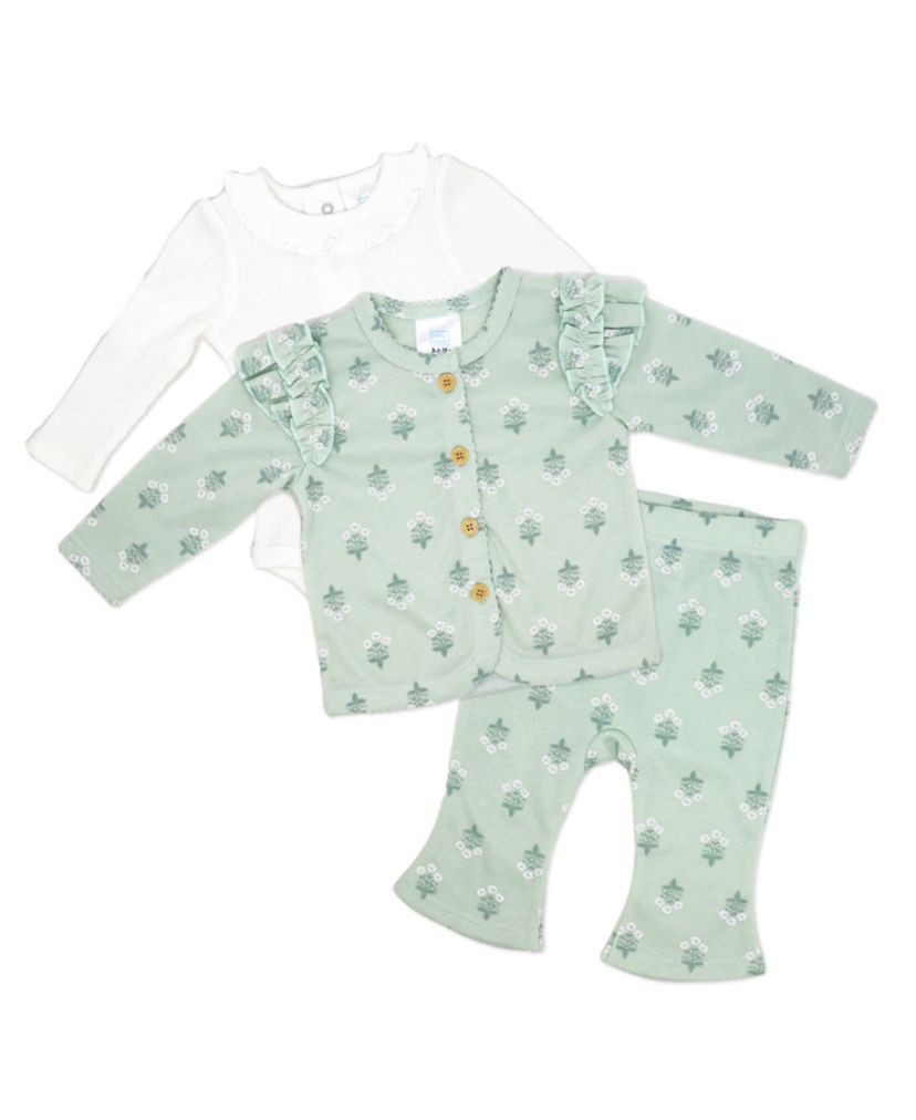 Baby Girls 3 Piece Misty Green Bell Pants and Jacket Set