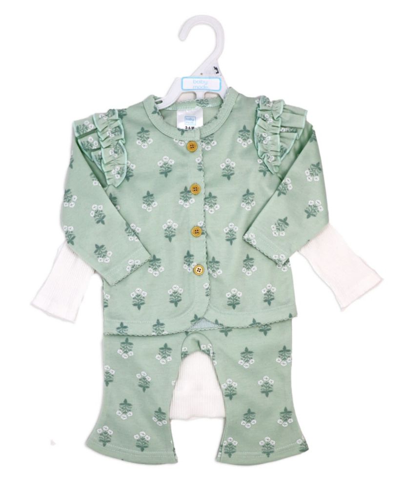 Baby Girls 3 Piece Misty Green Bell Pants and Jacket Set
