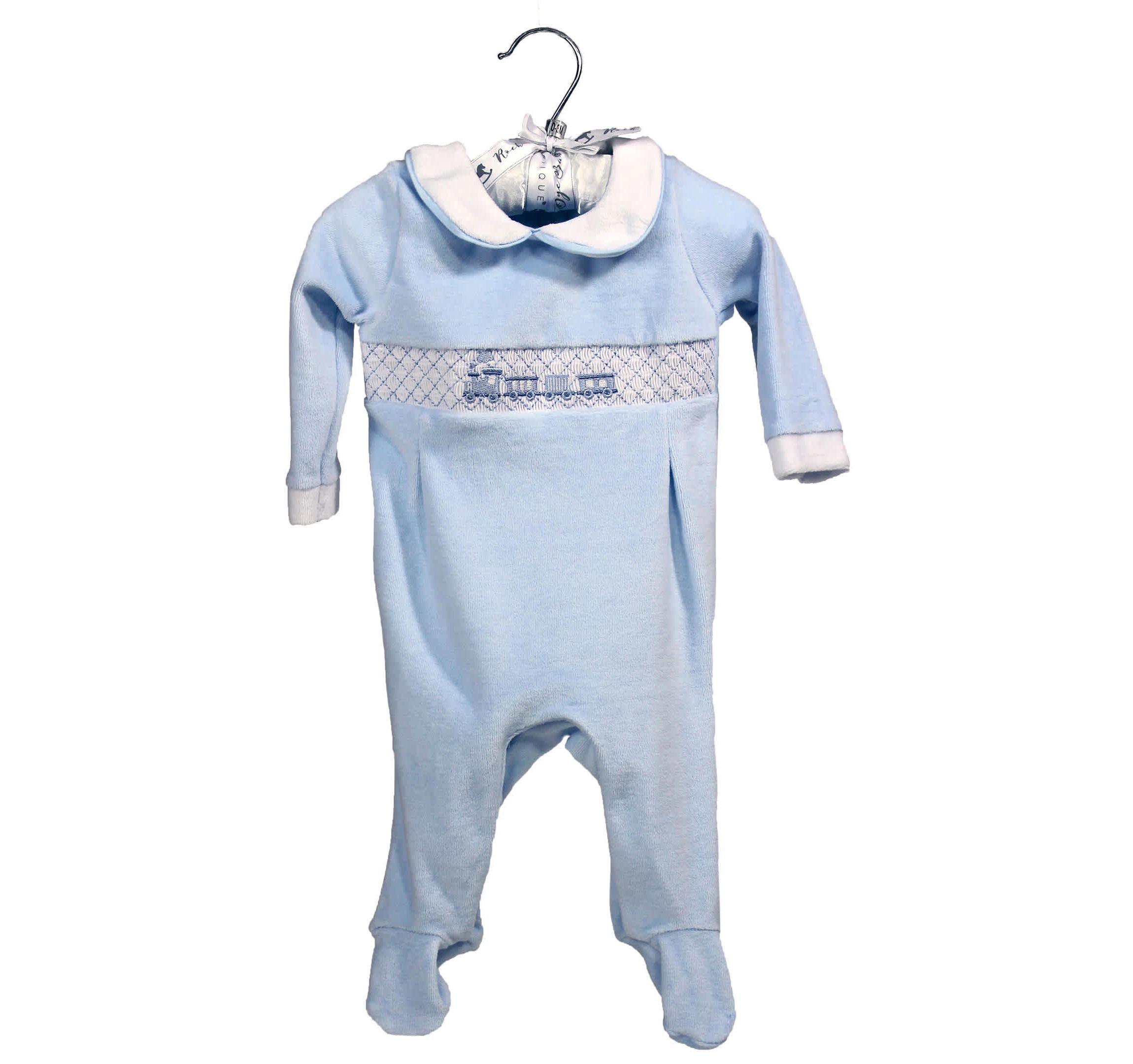 Baby Boys Luxury Smocked Velour Footed 1 Piece Coverall, Blue Train