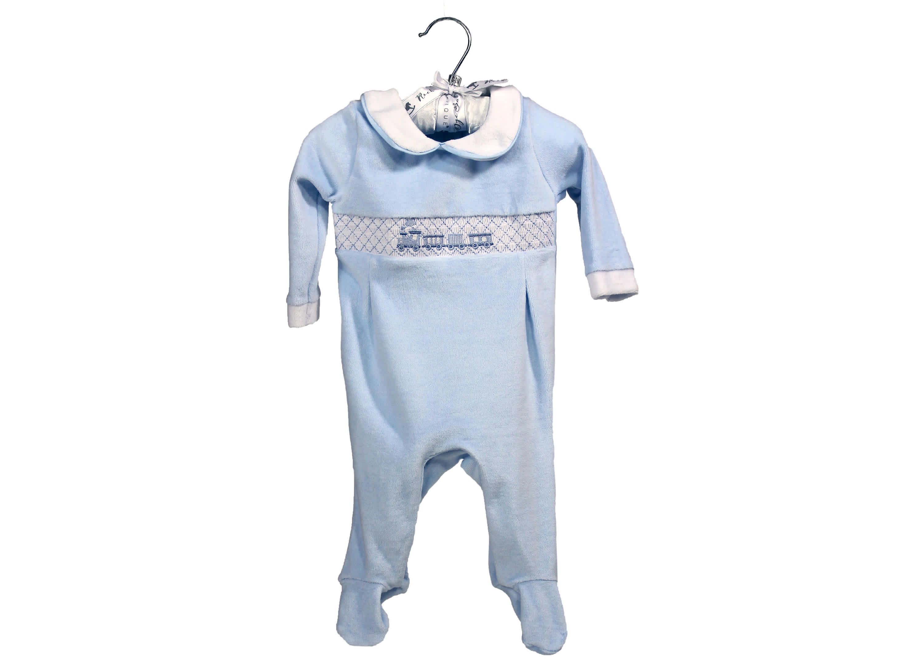 Baby Boys Luxury Smocked Velour Footed 1 Piece Coverall, Blue Train