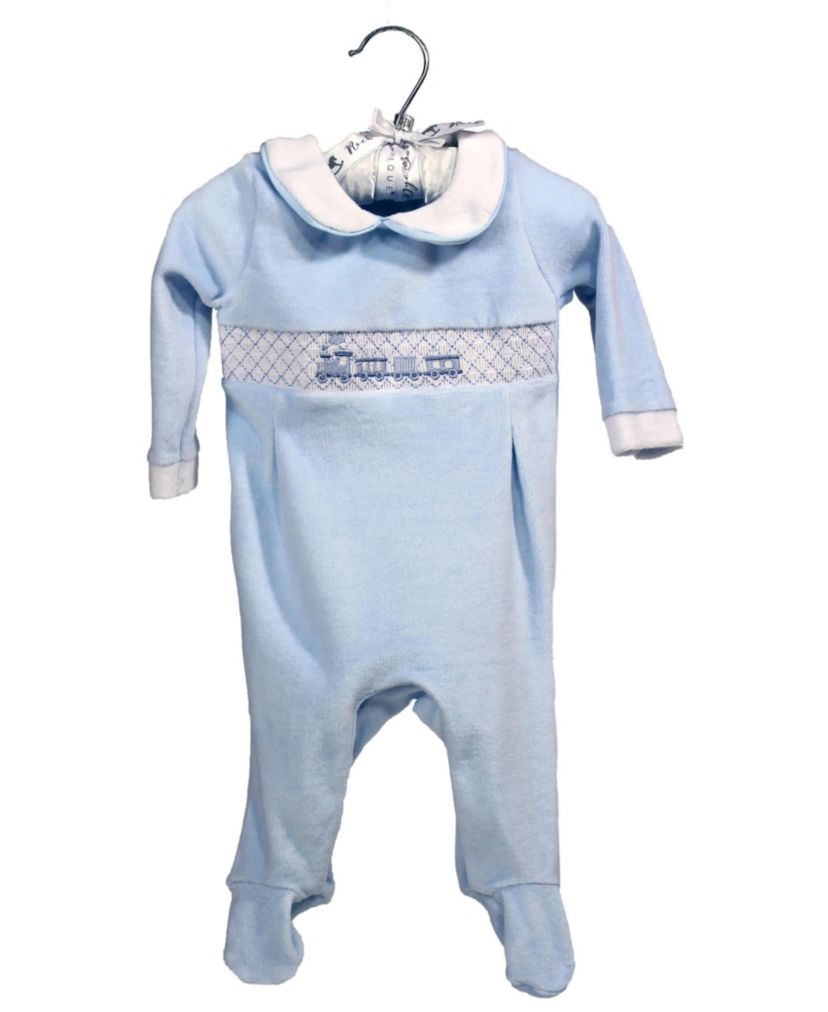 Baby Boys Luxury Smocked Velour Footed 1 Piece Coverall, Blue Train