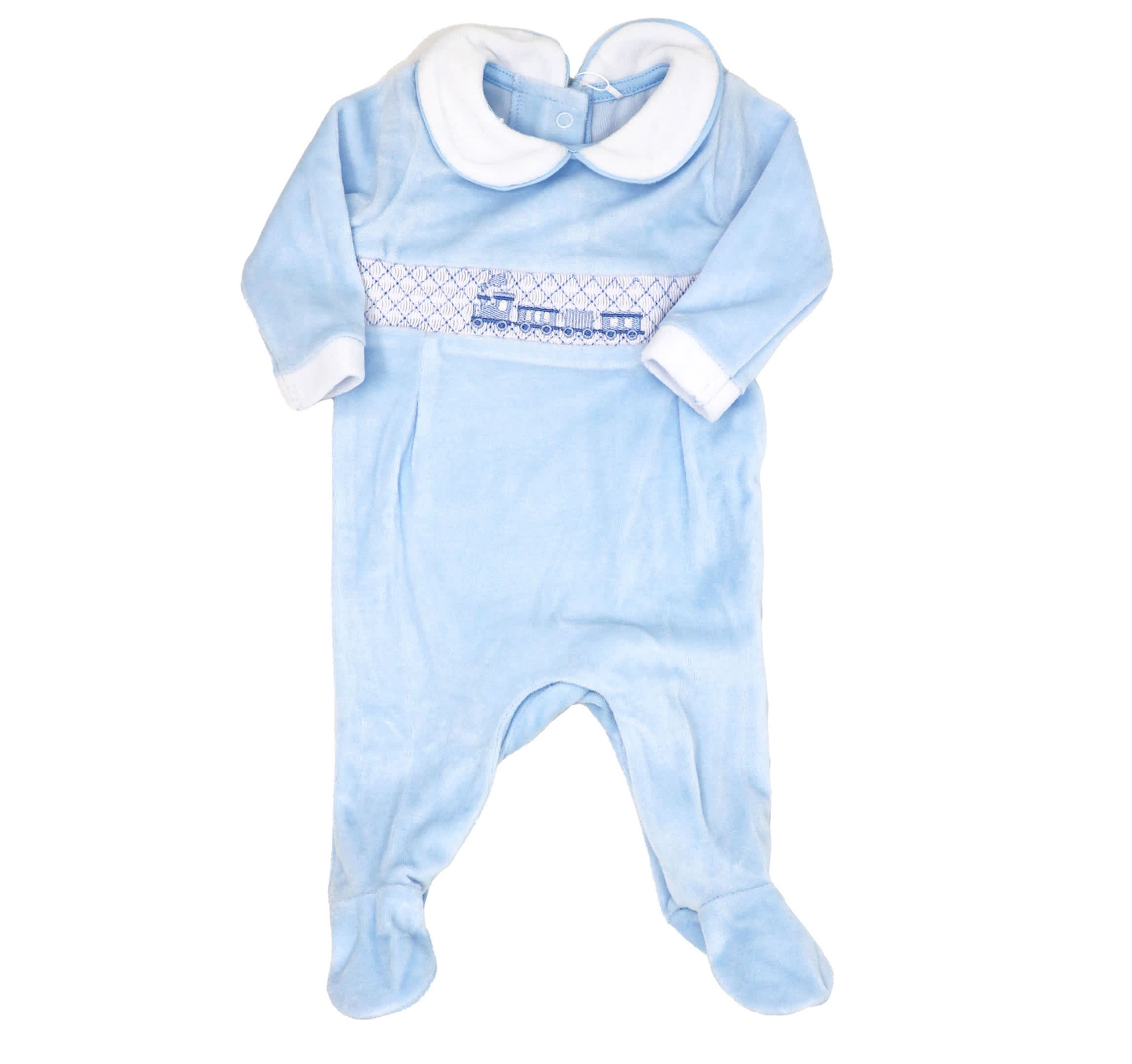 Baby Boys Luxury Smocked Velour Footed 1 Piece Coverall, Blue Train