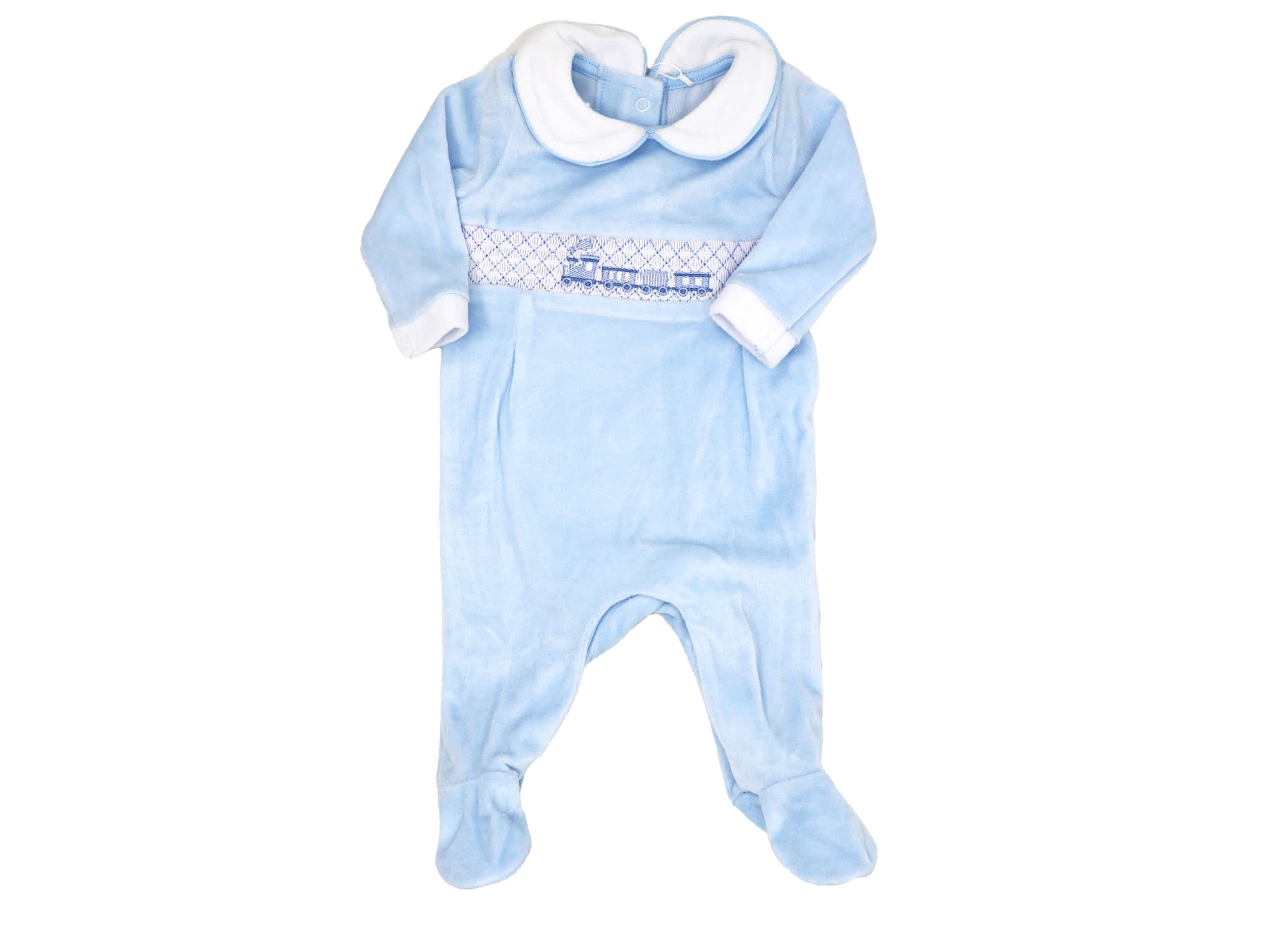 Baby Boys Luxury Smocked Velour Footed 1 Piece Coverall, Blue Train