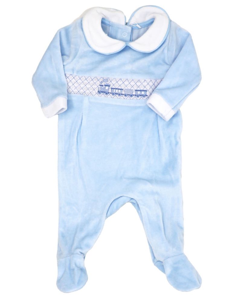Baby Boys Luxury Smocked Velour Footed 1 Piece Coverall, Blue Train