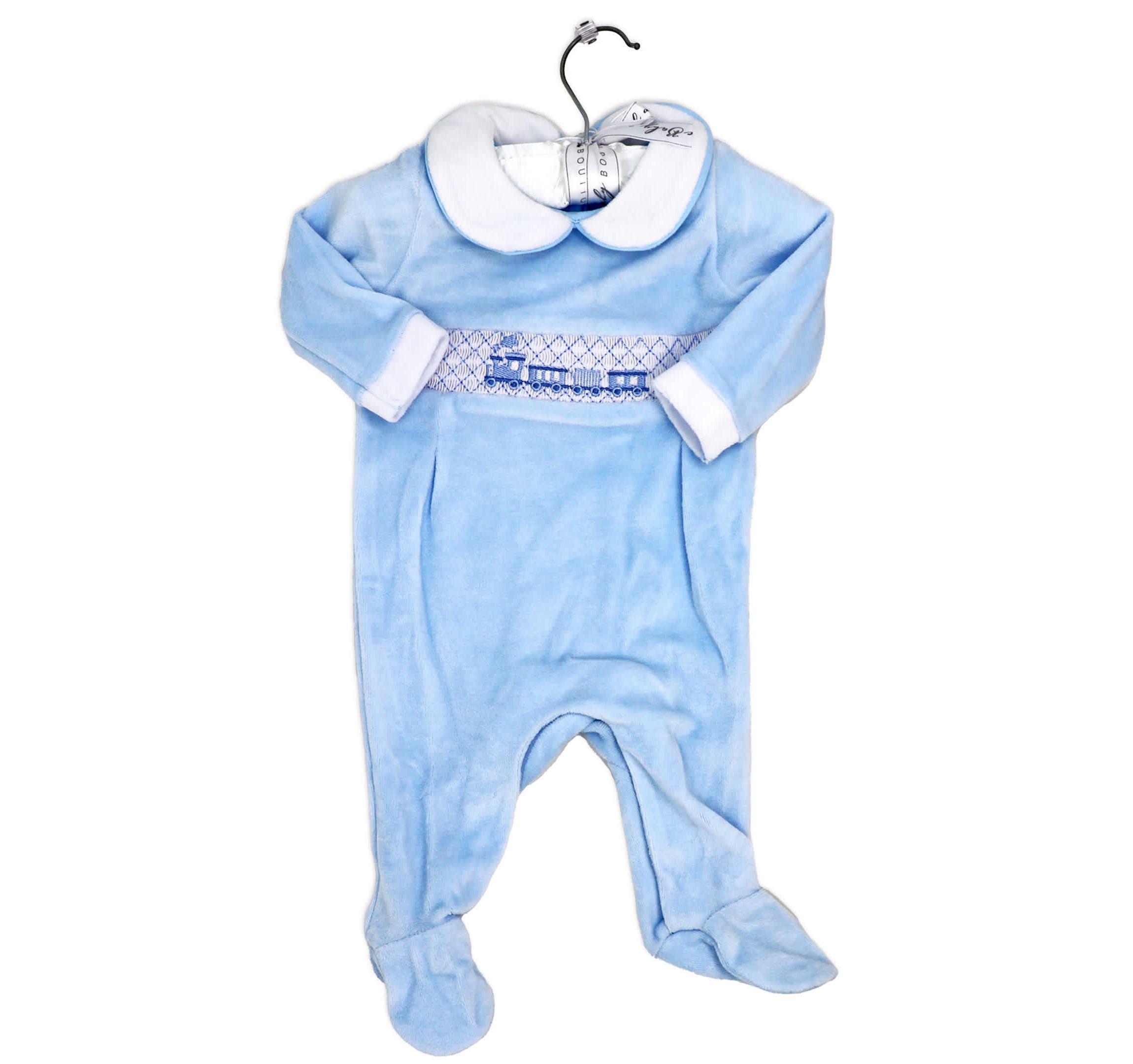 Baby Boys Luxury Smocked Velour Footed 1 Piece Coverall, Blue Train