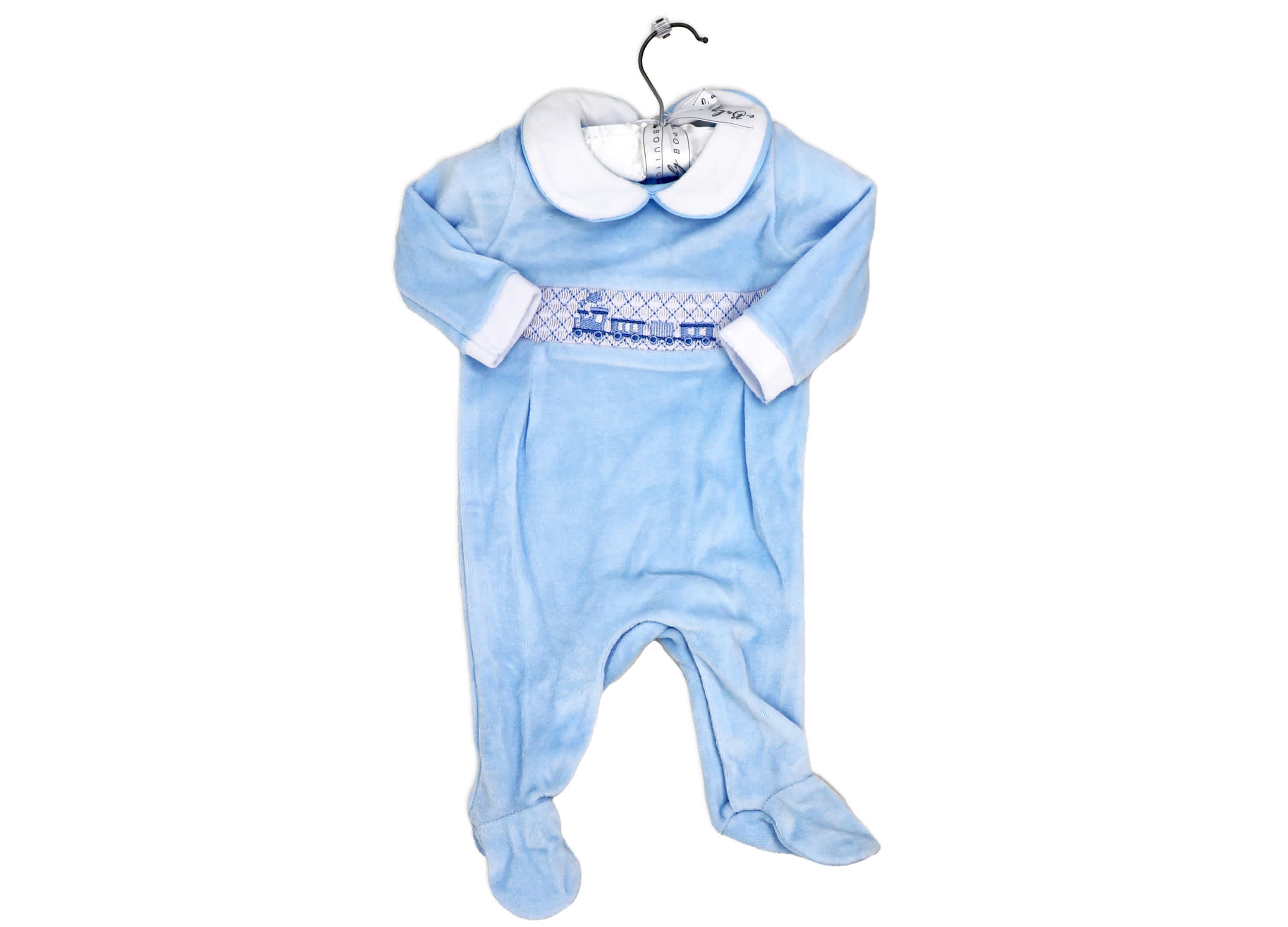 Baby Boys Luxury Smocked Velour Footed 1 Piece Coverall, Blue Train