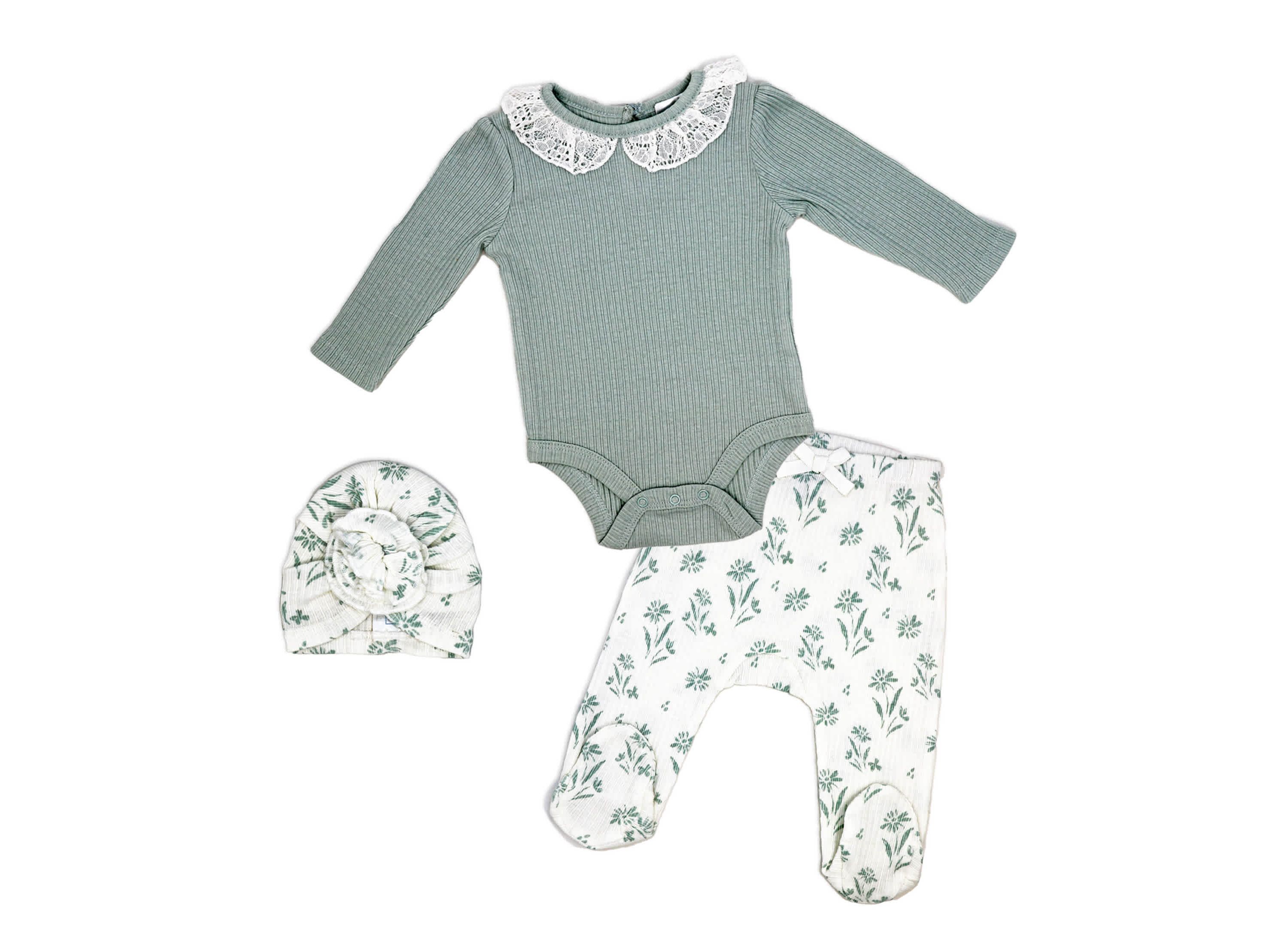 Baby Girls 3 Piece Aqua Blue Floral Take Me Home Footed Layette Set
