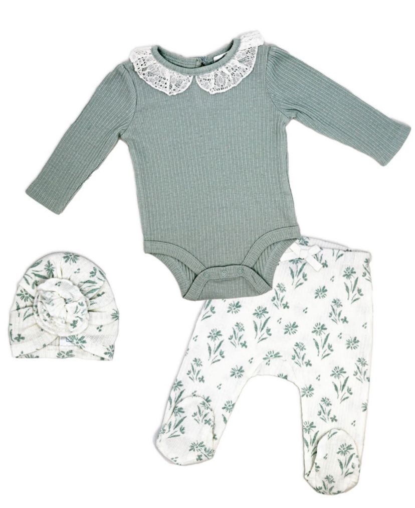 Baby Girls 3 Piece Aqua Blue Floral Take Me Home Footed Layette Set