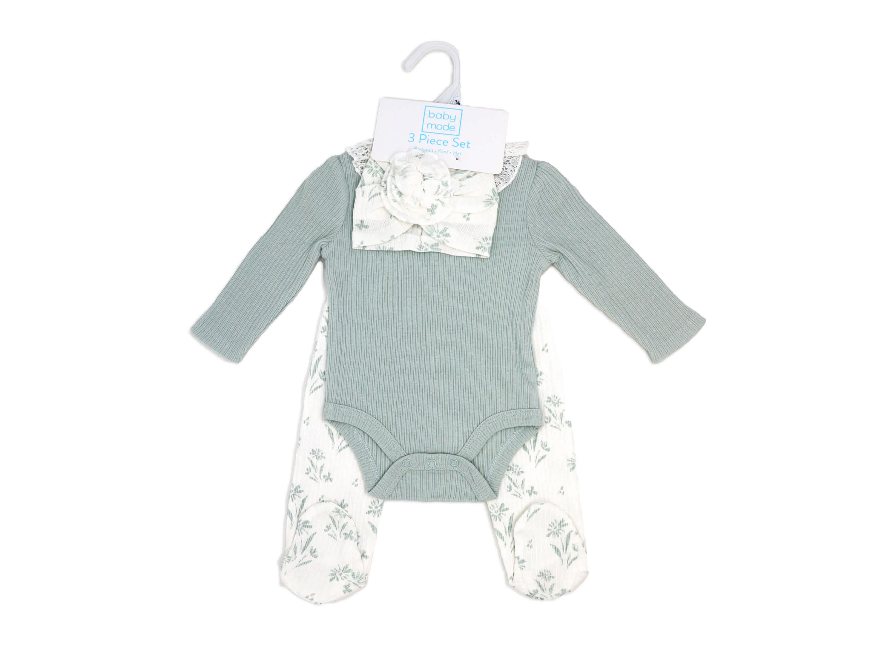 Baby Girls 3 Piece Aqua Blue Floral Take Me Home Footed Layette Set