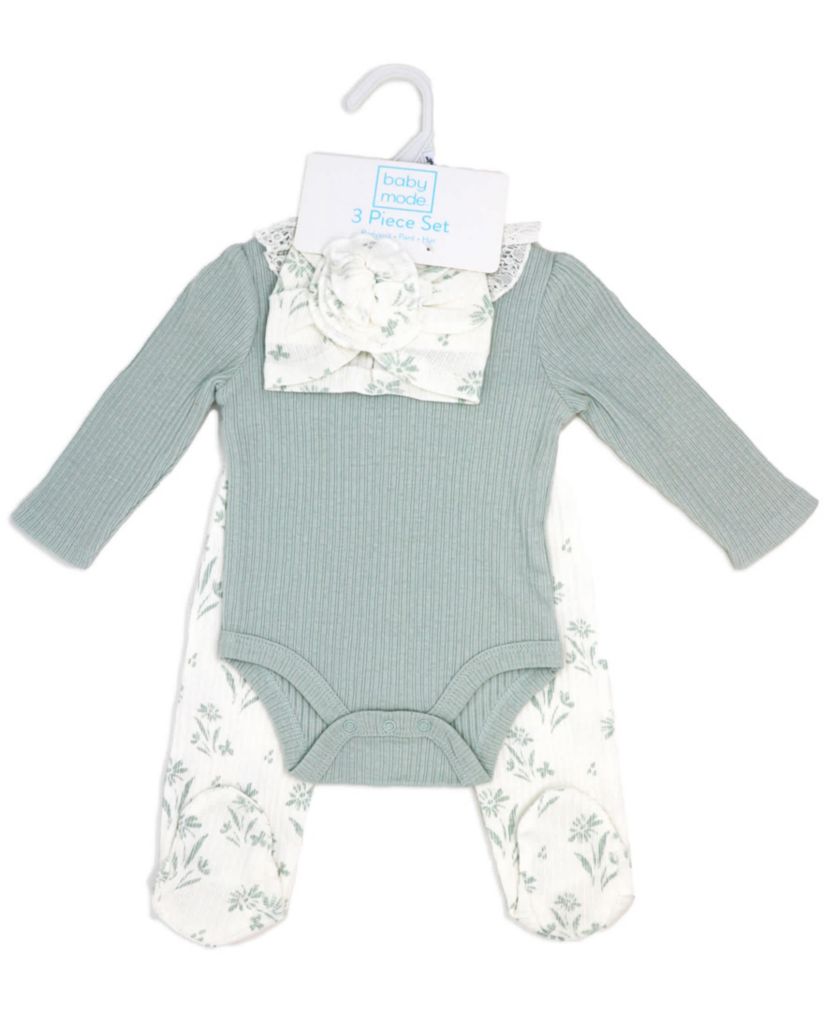 Baby Girls 3 Piece Aqua Blue Floral Take Me Home Footed Layette Set