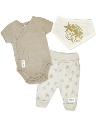 Baby Mode Baby Boys and Baby Girls Organic Cotton Sun and Sea 3 Piece Layette Set, Sand, 3 - 6 Months