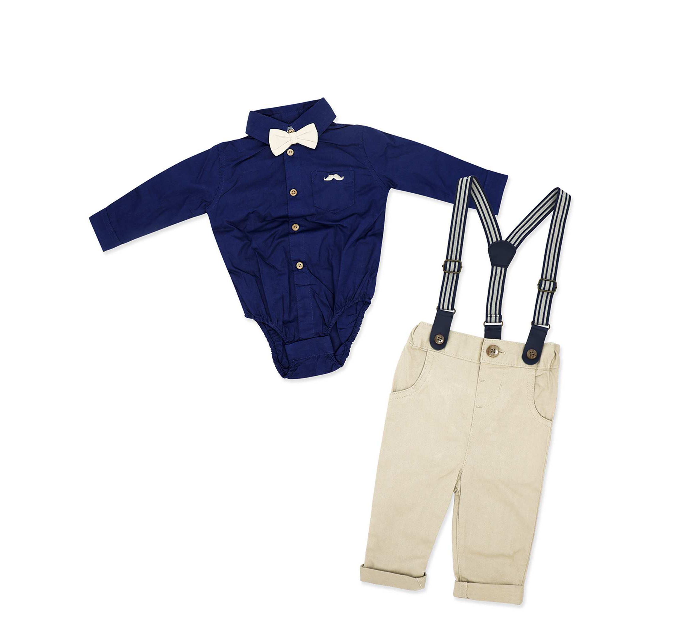 Baby Boys 4 Piece Suspender and Khaki Bowtie Clothing Set