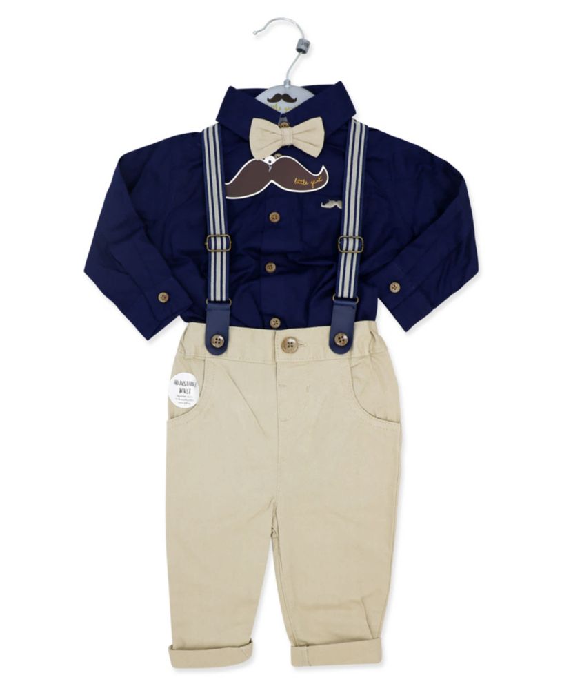 Baby Boys 4 Piece Suspender and Khaki Bowtie Clothing Set