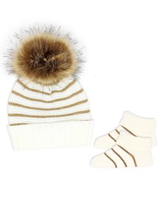 Baby Mode Baby Girls 2 Piece Pom-pom Hat and Booties Outerwear Set, Gold, 0 - 6 Months
