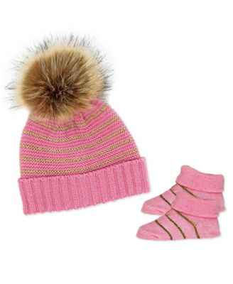 Baby Mode Baby Girls 2 Piece Pom-pom Hat and Booties Outerwear Set