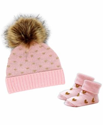 Baby Mode Baby Girls 2 Piece Pom-pom Hat and Booties Outerwear Set, Pink, 0 - 6 Months