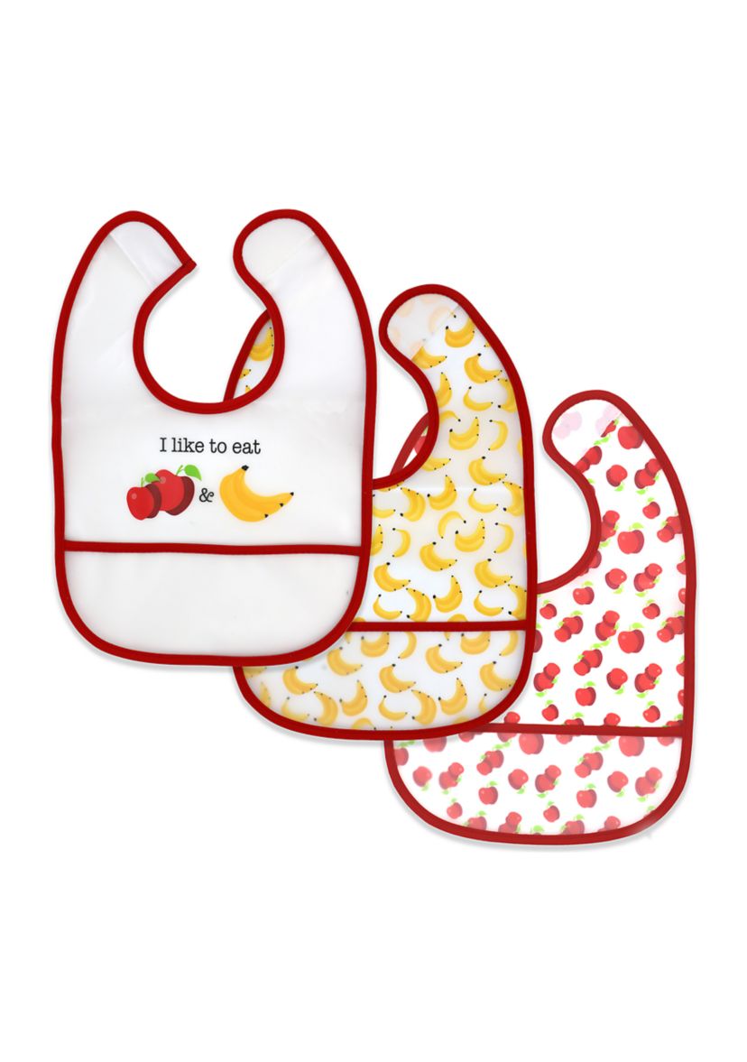 Baby Boys and Girls 3 Pack PEVA Baby Bibs, Apple and Banana