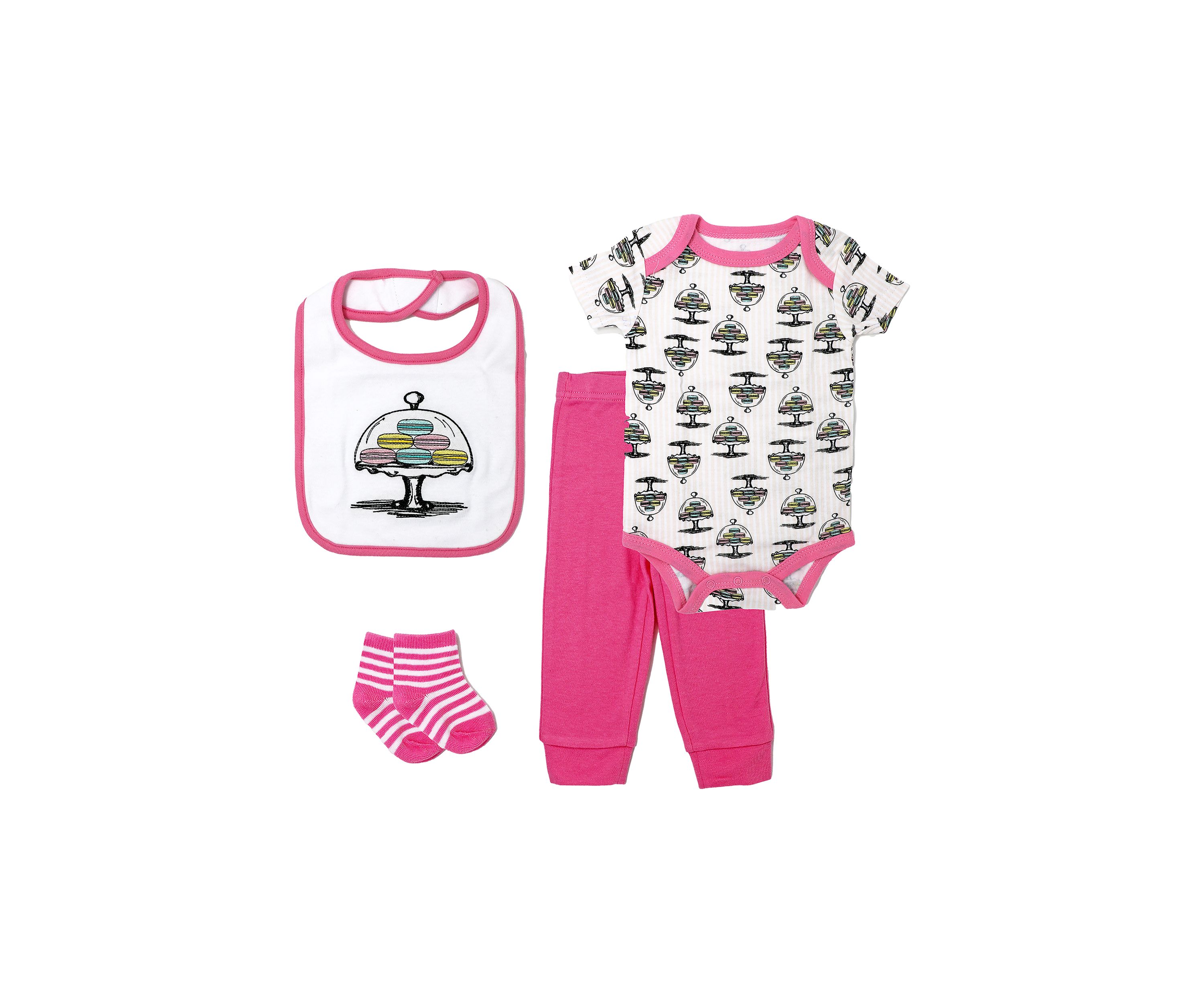 Baby Girls Macaron 4 Piece Box Set, Includes Bodysuit, Pant, Socks and Bib