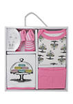 Baby Girls Macaron 4 Piece Box Set, Includes Bodysuit, Pant, Socks and Bib