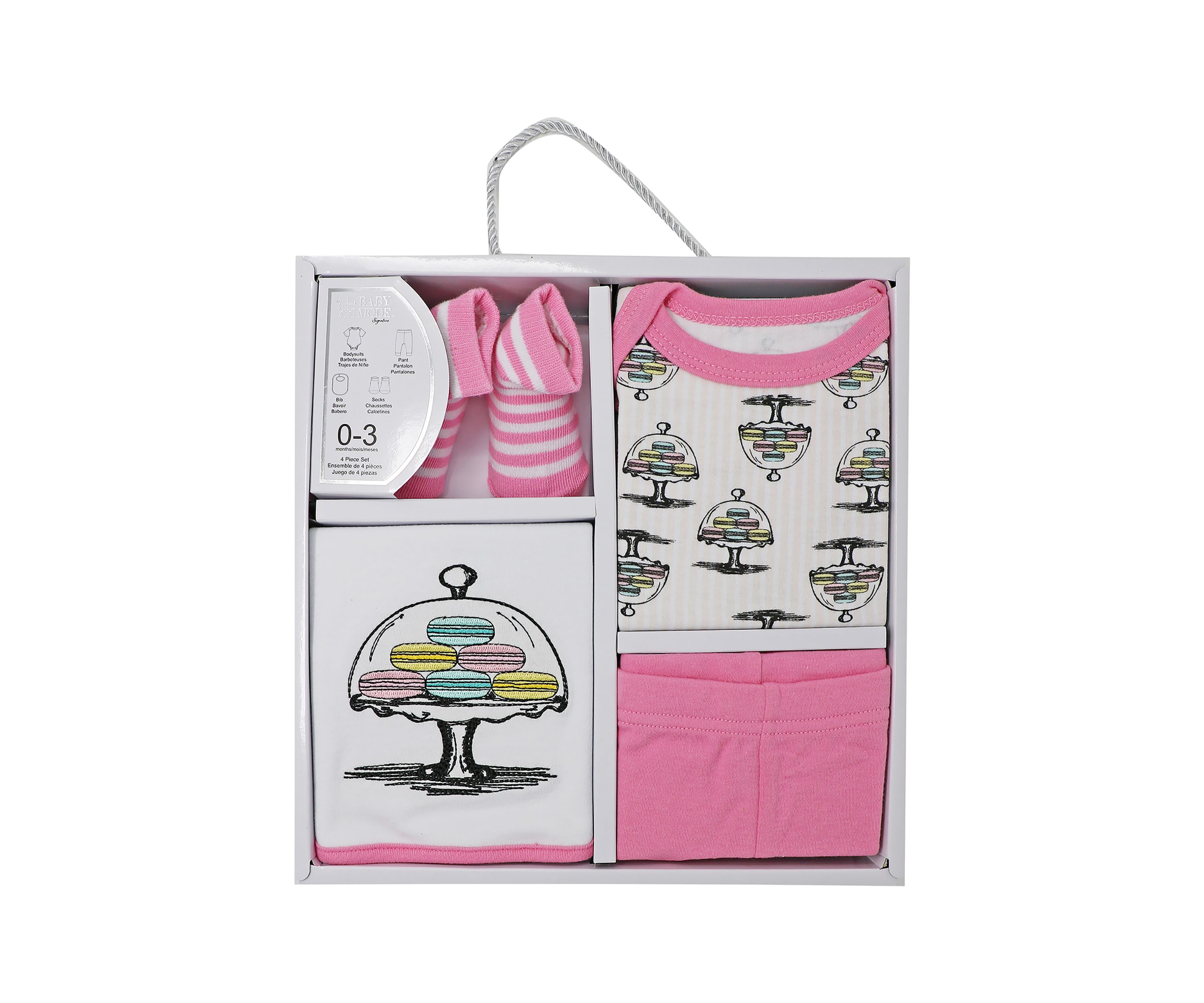Baby Girls Macaron 4 Piece Box Set, Includes Bodysuit, Pant, Socks and Bib