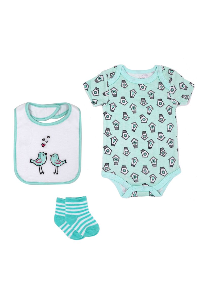 Baby Boys and Girls 3 Piece Bird Box Set, Includes Bodysuit, Bib and Socks
