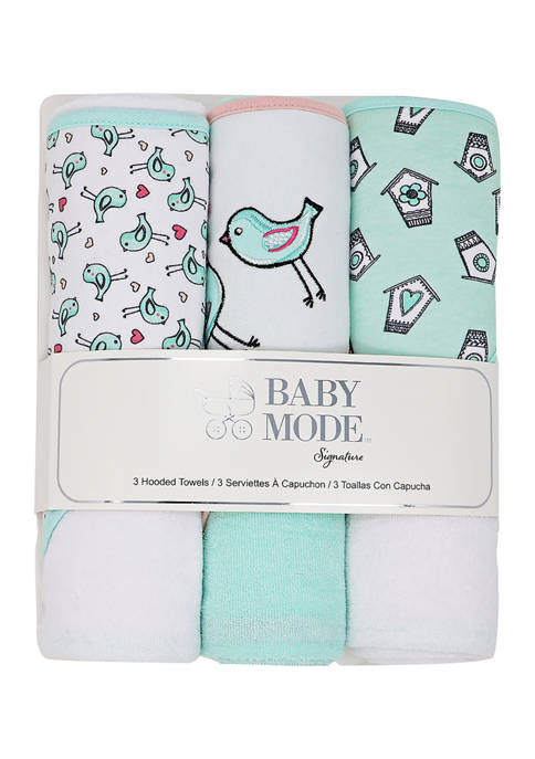 Baby Boys and Girls 3 Pack Hooded Baby Towel Sets, Bird