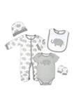 Baby Boys and Girls 5-Piece Elephant Layette Set, Gray