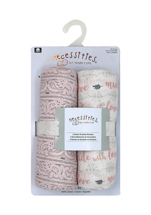 Baby Girls 2 Pack Muslin Swaddle Blankets - Pink Prints