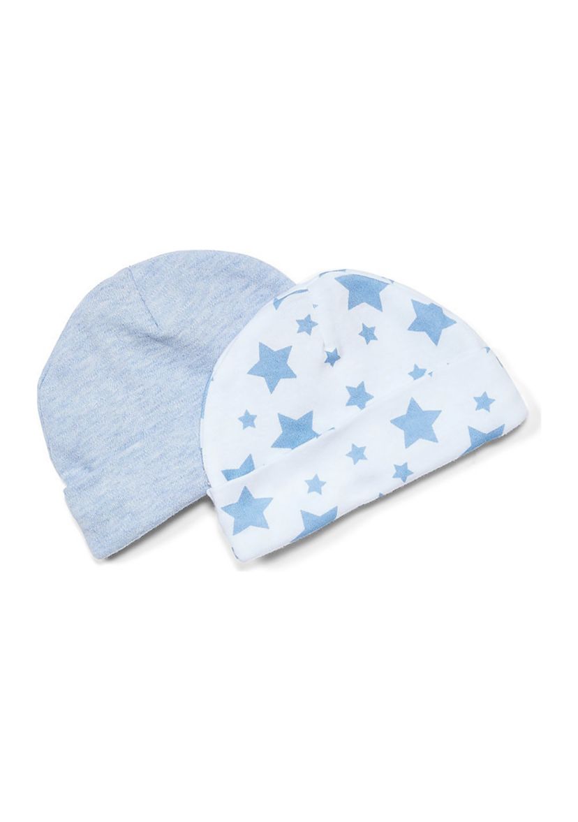 Baby Boys 2 Pack Heather Beanie Hats, Blue Stars