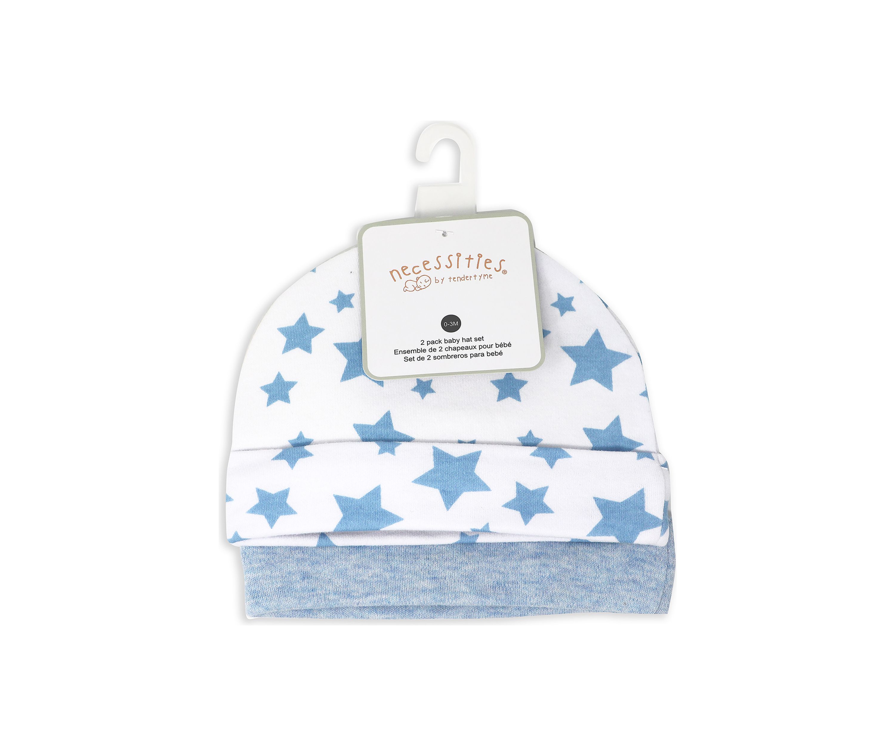 Baby Boys 2 Pack Heather Beanie Hats, Blue Stars