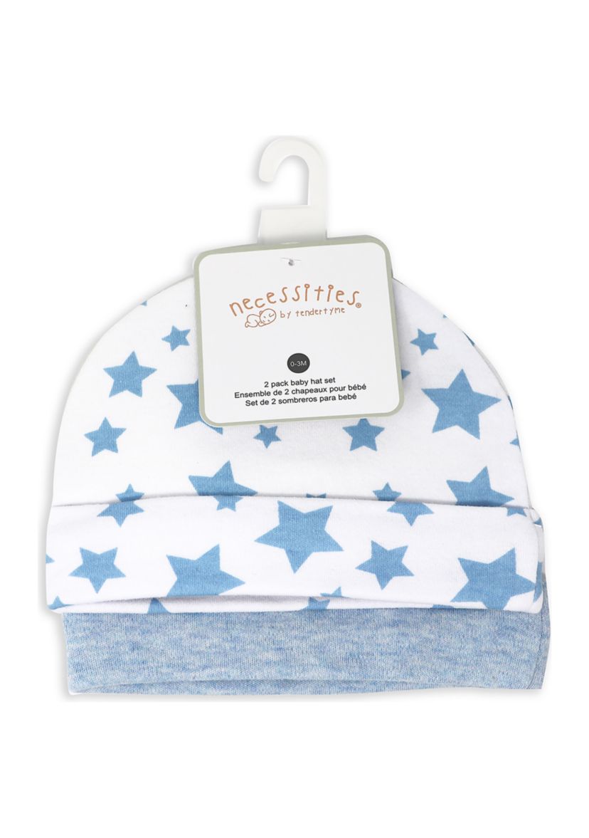 Baby Boys 2 Pack Heather Beanie Hats, Blue Stars