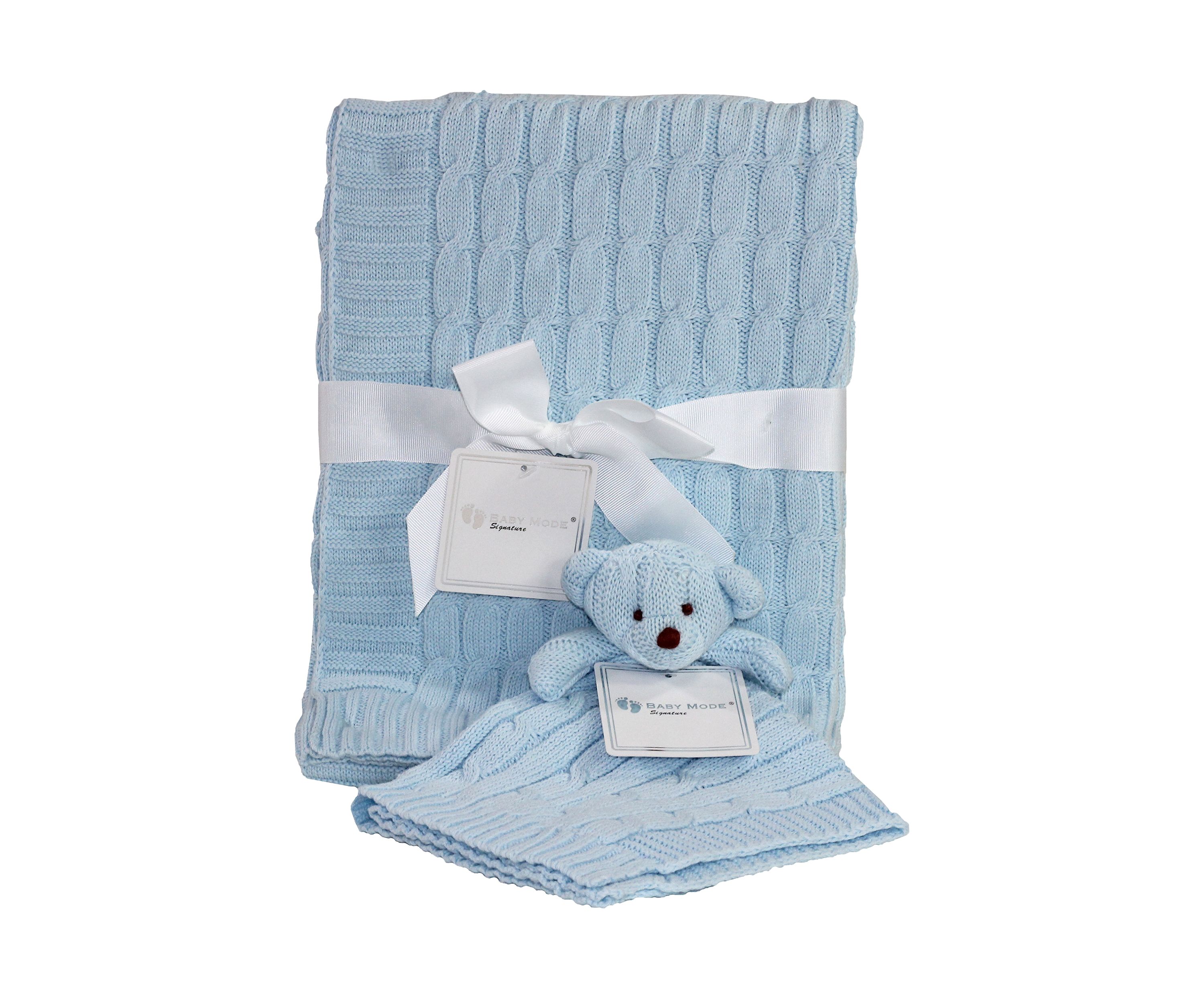 Baby Boys Blue Cable Knit Blanket Gift Set