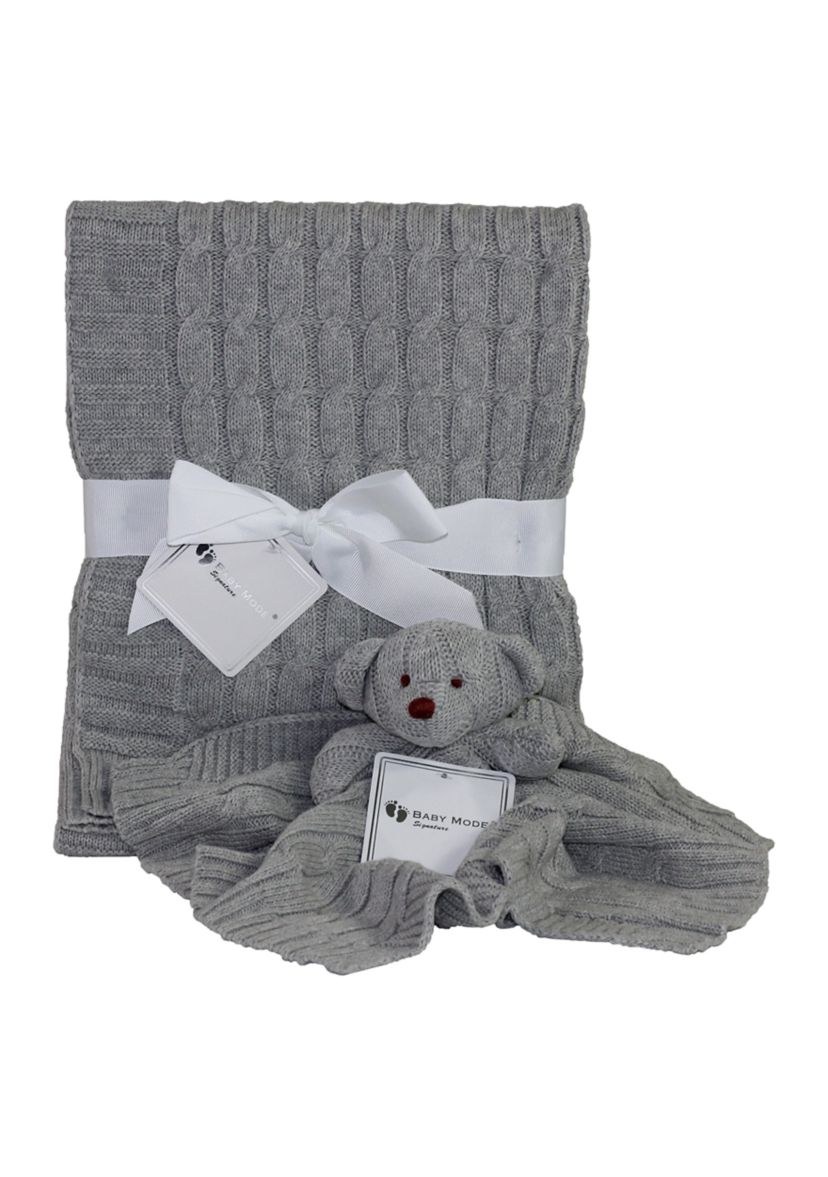 Baby Gray Cable Knit Blanket Gift Set