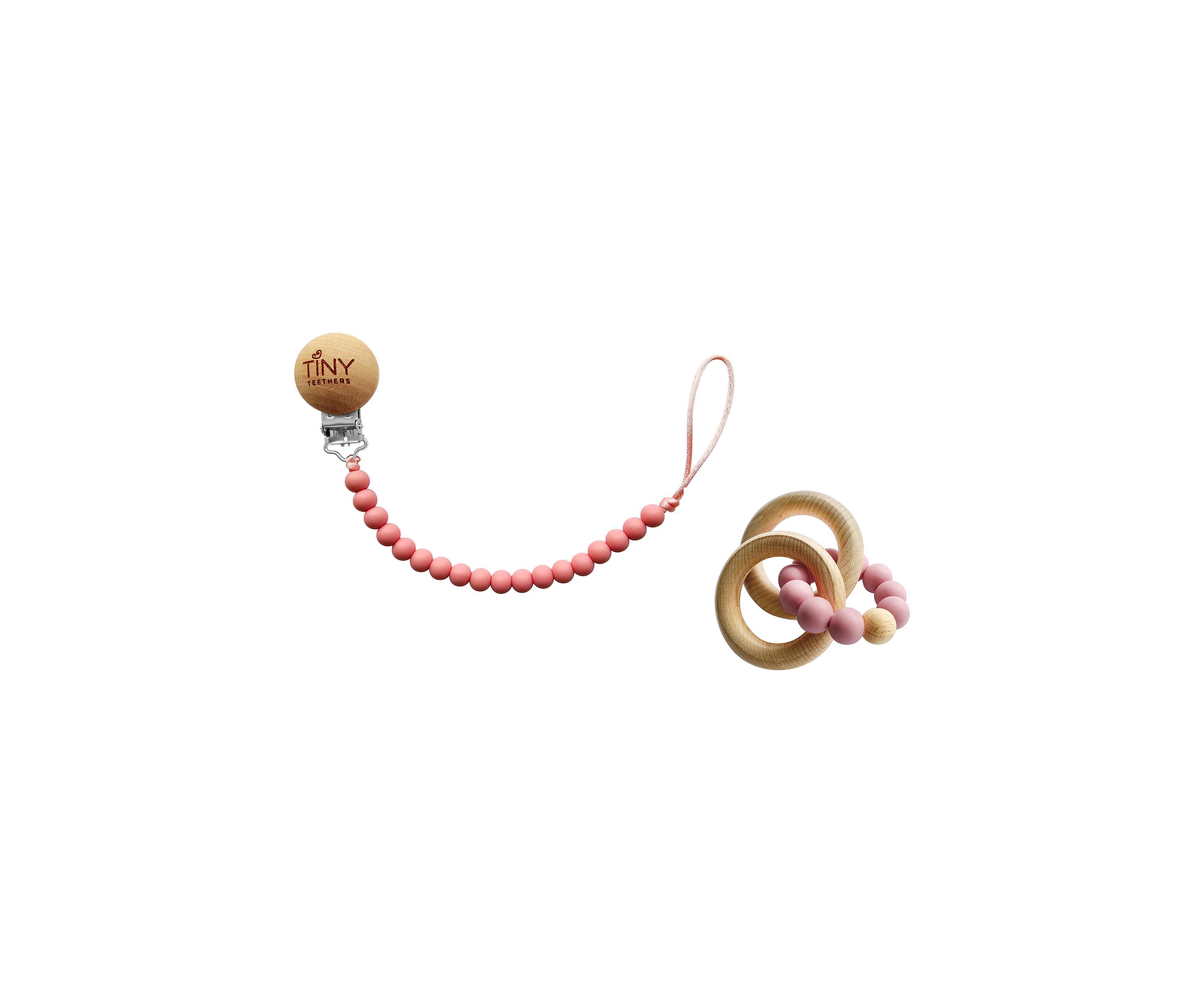 Baby Girls Silicone and Beech Rattle and Pacifier Clip Set