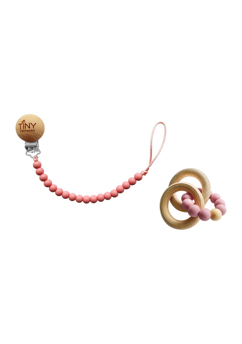Baby Girls Silicone and Beech Rattle and Pacifier Clip Set