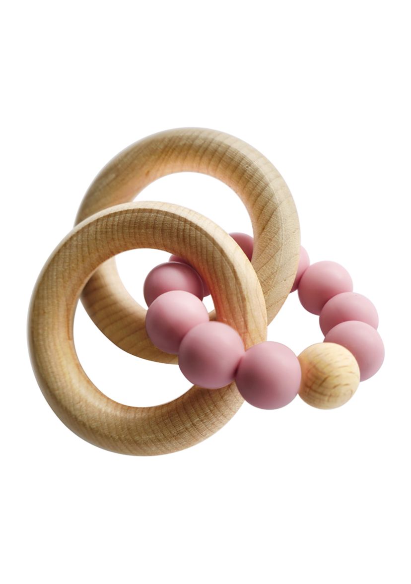 Baby Girls Silicone and Beech Rattle and Pacifier Clip Set